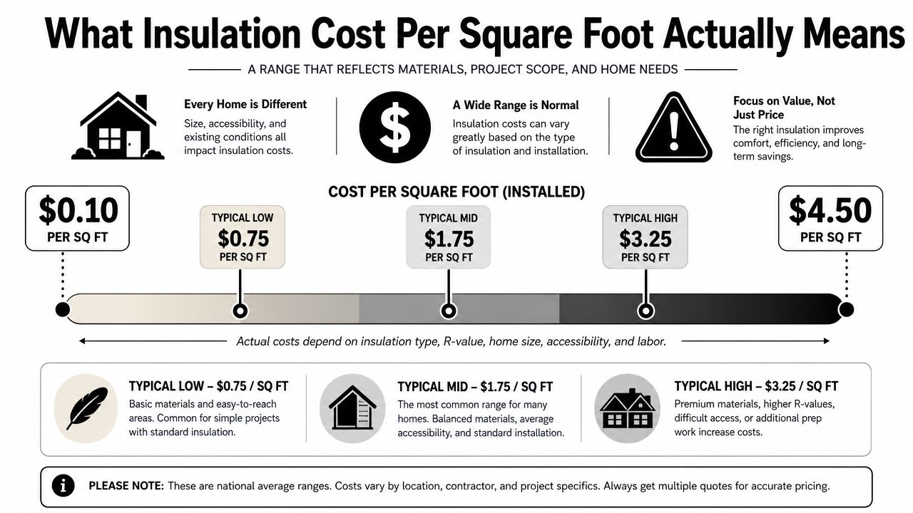 A graphic showing national average insulation cost ranges per square foot for residential renovation projects.