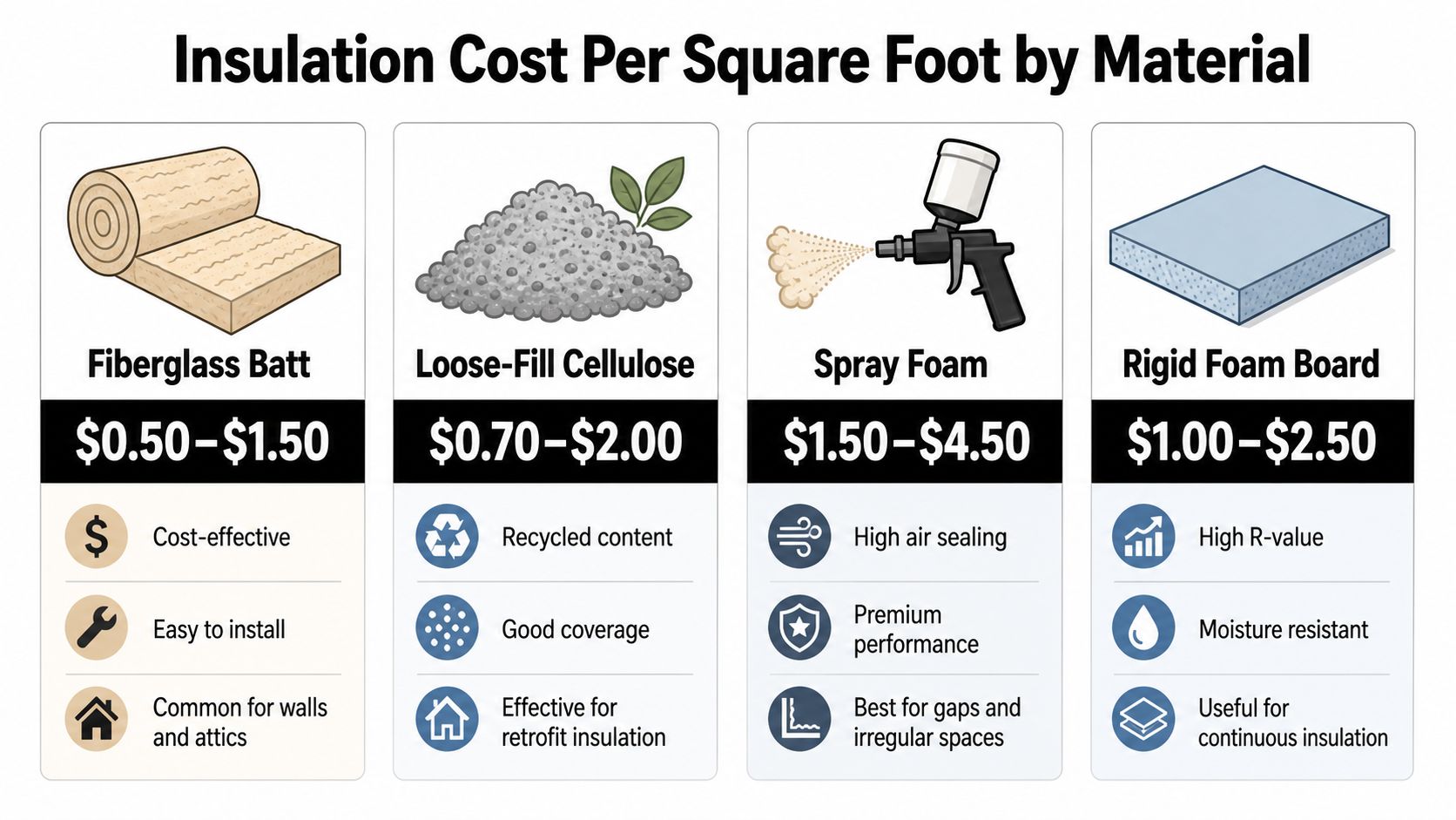 A chart showing insulation cost per square foot for fiberglass, cellulose, spray foam, and rigid foam board materials.