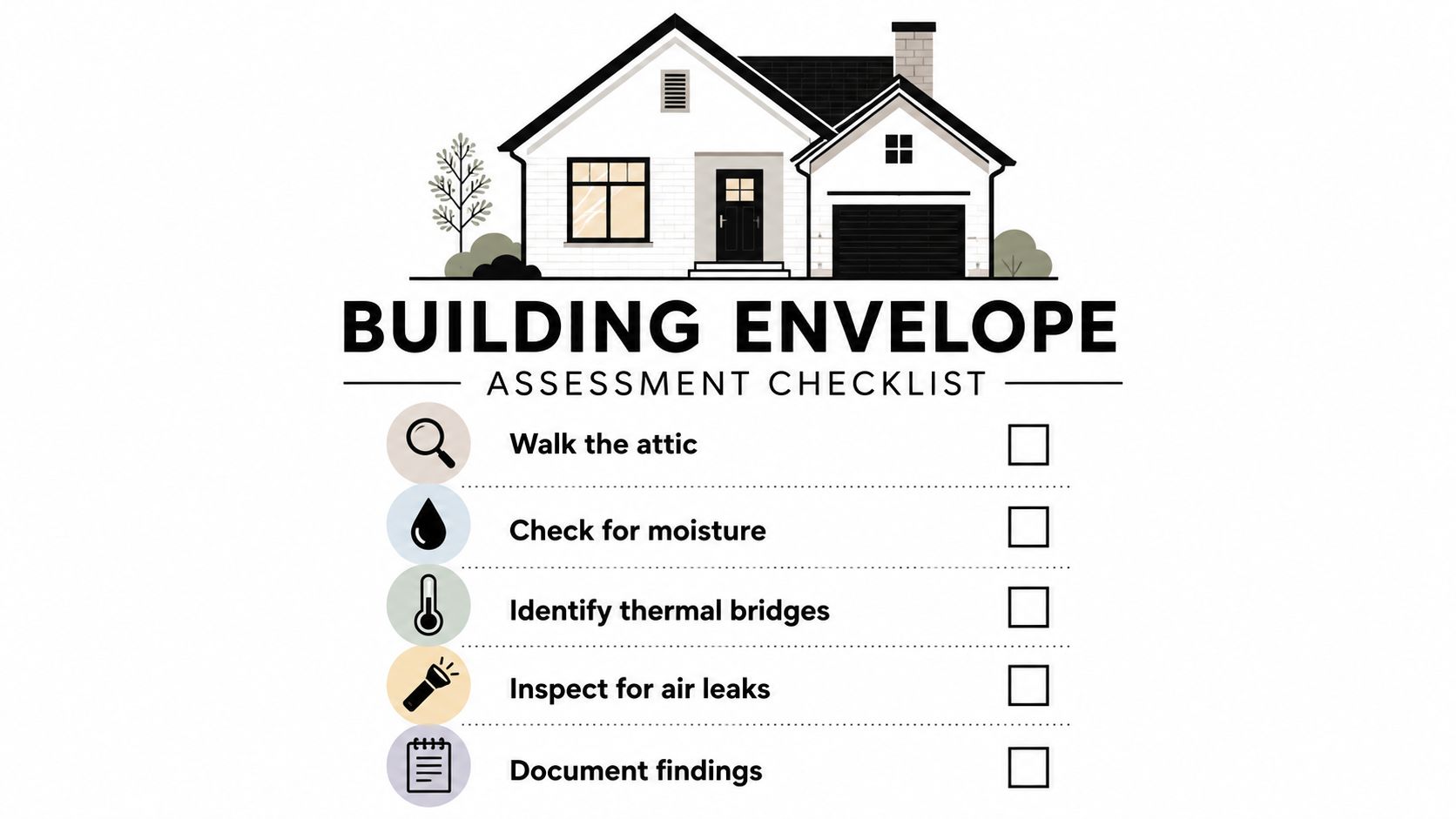 A house illustration above a building envelope assessment checklist with five inspection items for homeowners.