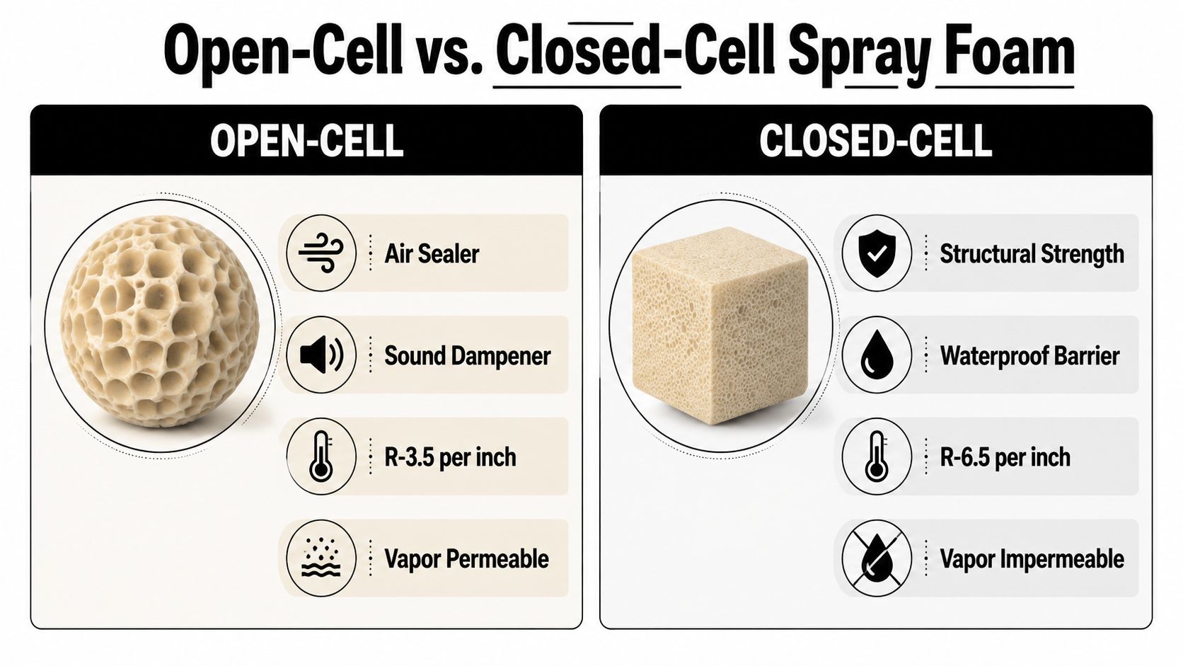 A comparison chart showing the differences between open-cell and closed-cell spray foam insulation for home weatherproofing.